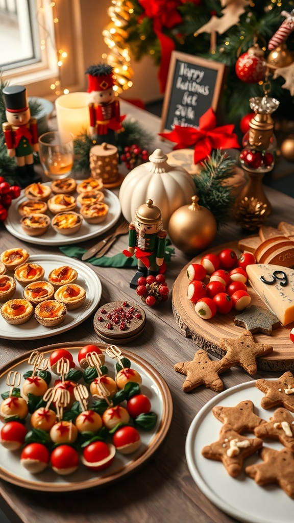 A festive table set with Nutcracker-themed party foods including quiches, mushrooms, cheese platter, and gingerbread cookies.